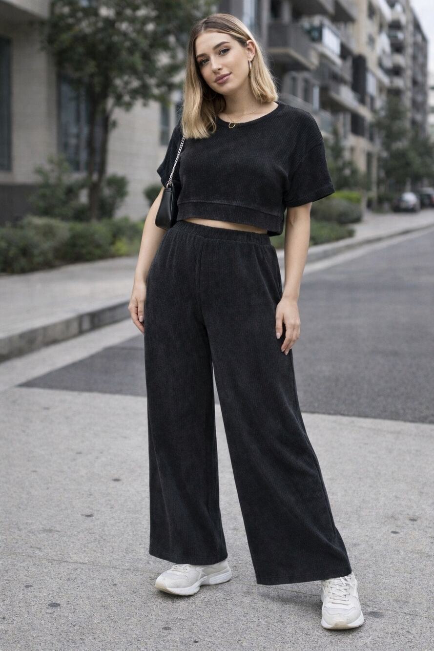 Old Navy Black Ribbed Lounge Set XL Wide Leg Yoga Pants Crop Top Athleisure